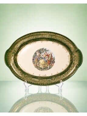 Taylor Smith Taylor 1940s Oval Platter Colonial Couple Scene Green Gold 13.5x9.5